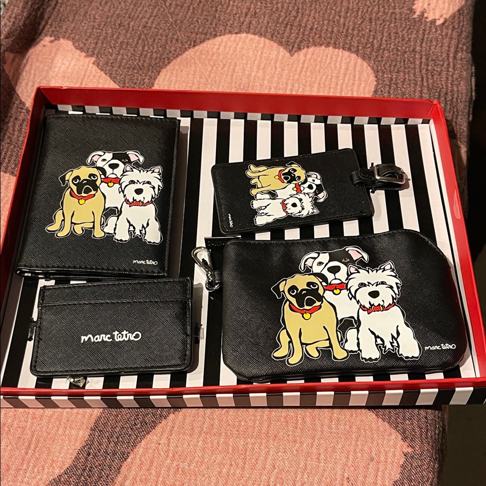 Marc Tetro Black Dog Print Zippered Pouch, Card Holder, luggage tag & passport